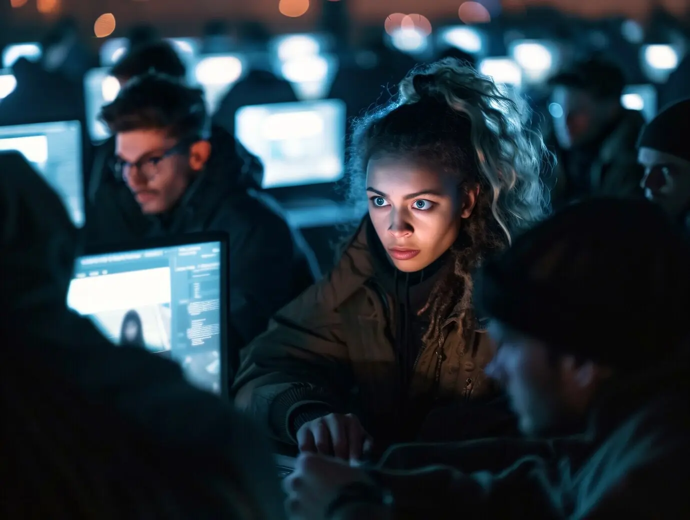 Разные люди, зависимые от своих умных устройств, прокручивают и смотрят в экраны.